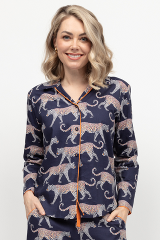 Cyberjammies Taylor Leopard Print Long Sleeve Pyjama Top Navy