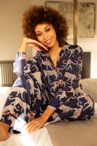 Cyberjammies Taylor Leopard Print Long Sleeve Pyjama Top Navy