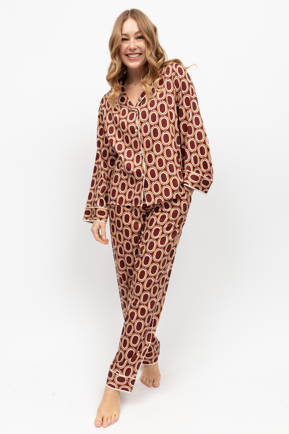 Fable & Eve Fitzrovia Chain Print Pyjama Set Rust Brown