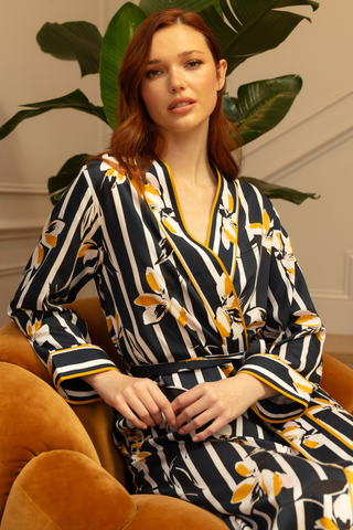 Fable & Eve Knightsbridge Floral Stripe Print Dressing Gown Navy