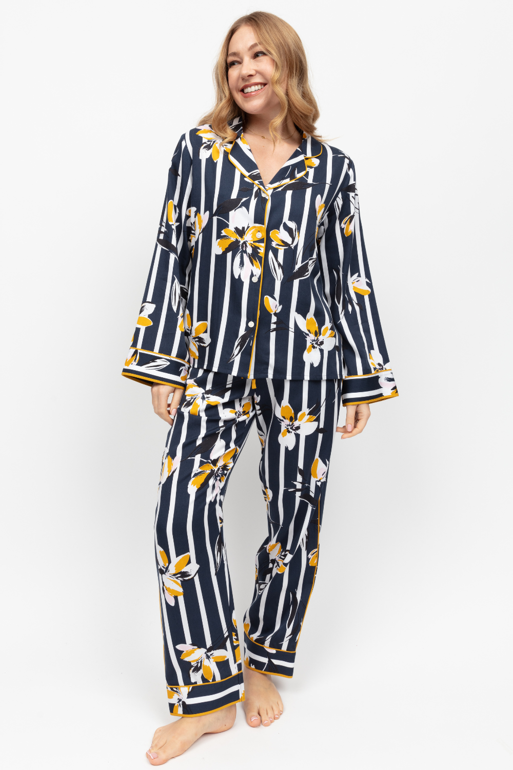 Fable & Eve Knightsbridge Floral Stripe Print Pyjama Set Navy