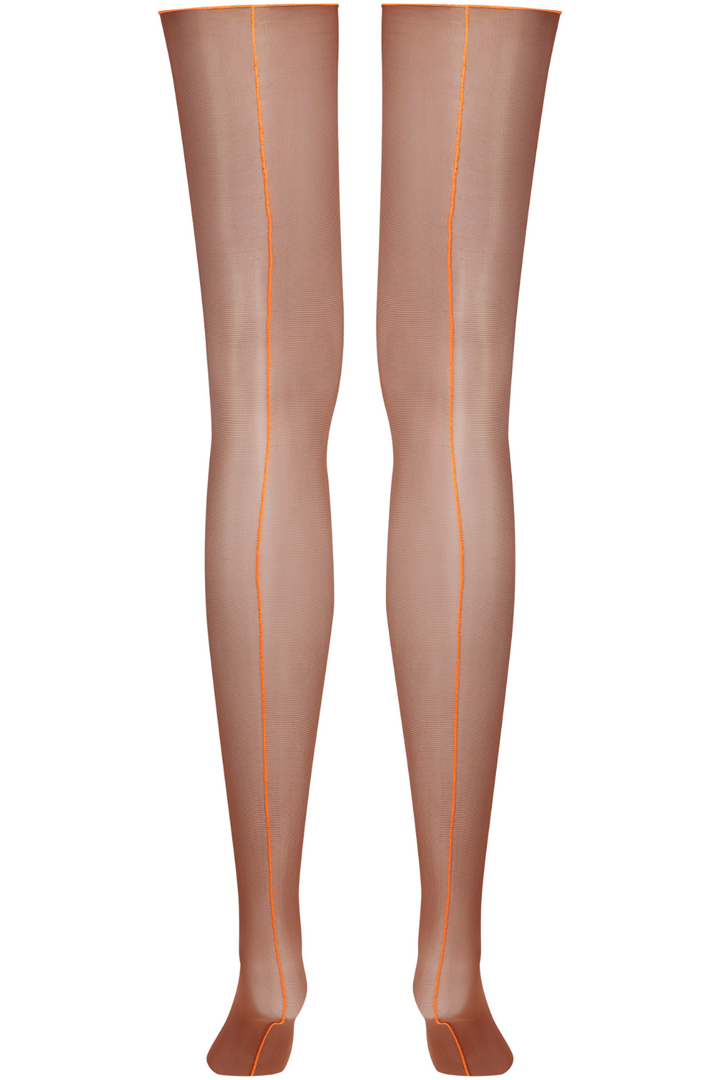 Maison Close Sheer Cut & Curled Back Seamed Stockings Brown/Neon Orange