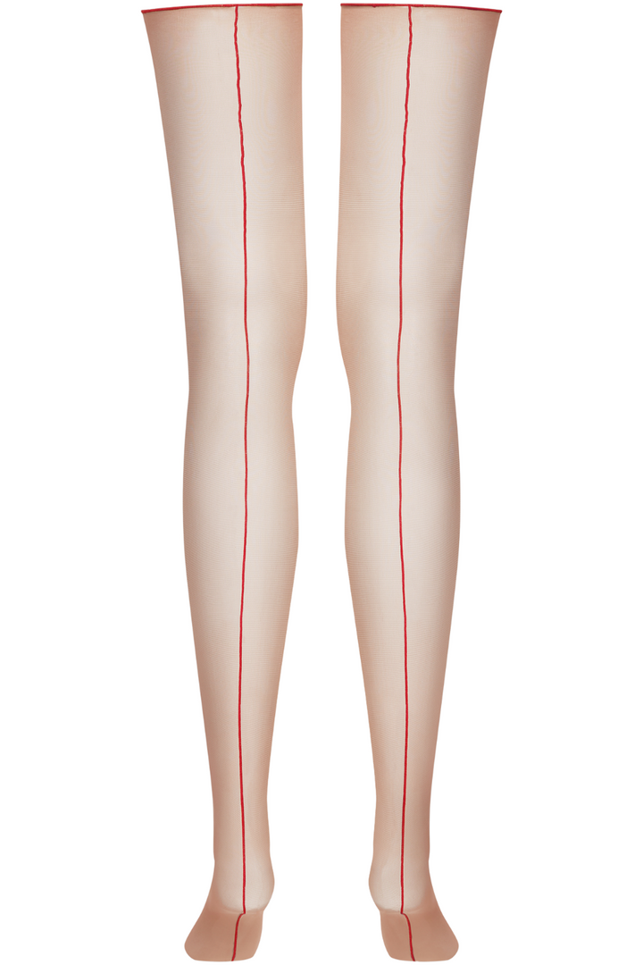 Maison Close Sheer Cut & Curled Back Seamed Stockings Nude/Red