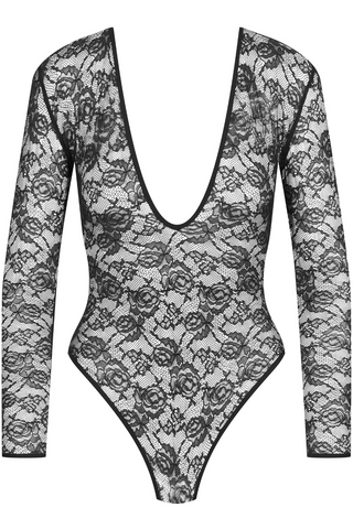 Maison Close Flashback V Neck Long Sleeve Lace Thong Bodysuit Black